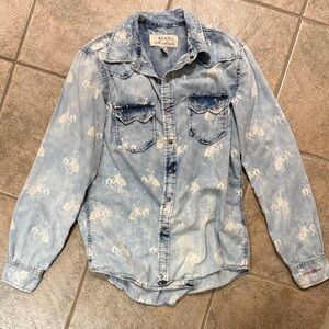 Ryan Micheal’s Denim Button-Up Shirt with Horse Print